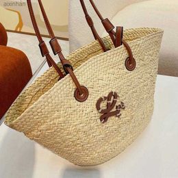Straw Bag Plain Knitting Crochet Embroidery Open Casual Tote Interior Compartment Two Thin Straps Leather Floral Fashion Women Purse 2308High quality