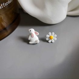 Stud Cute Rabbit Cat Daisy Flower Stud Earrings For Women Sweet Mini Enamel Asymmetrical Earring Girl Birthday Party Jewellery Gifts P230411