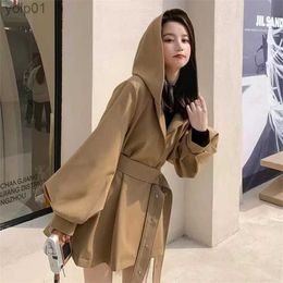Women's Trench Coats Fashion Korean Hooded Trench Coat for Women Loose Lace up Solid Retro Lantern Sle Windbreaker Casual Cloak Jacket Top LadyL231113