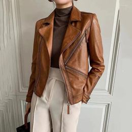 Women's Leather 2023Leather Coat Autumn Women Genuine Jacket Short Natural Sheepskin Slim Fit Office Ladies Work Vintage Zip M