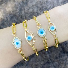 Real Gold Plated Fatima Hand Evil Eye Charm Copper Chain Bracelet Jewelry for Man Woman