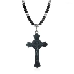 Pendant Necklaces Vintage Metal Alloy Jesus Cross Beads/ Leather Chain For Women Men Religious Catholic Punk Jewelry MN180