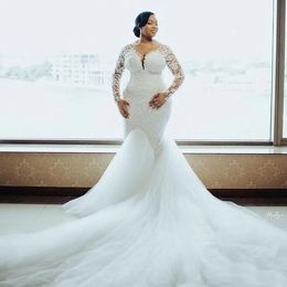 White Arabic Aso Lace Beaded Mermaid Wedding Gowns Sheer Neck Long Sleeves Vintage Bridal Dresses