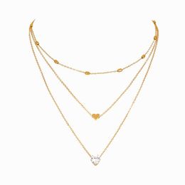 Chains Designer Inspired 3 Layers Gold Tone Love Heart Crystals Stone Beaded Link Choker Collar Necklaces For Women