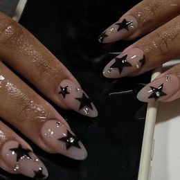 False Nails 24pcs Artificial Y2k Press On Short Almond Nail With Black Pentacle Star Designs Small Diamond Fake Tips