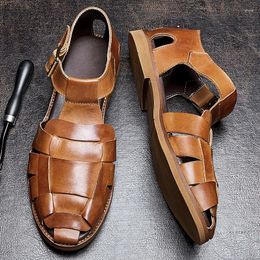 Sandals Trendy Men's Genuine Leather Hollow Out Woven Casual Fisherman Cross-strap Summer Beach Shoes Man