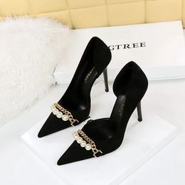 Dress Shoes Luxury Banquet Shoes High Heels 11cm Thin Heel high Pearl Metal Chain Single Shoes Women's Party Shoes Wedding Shoes Large 34-43 231113