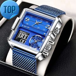 LIGE Luxury Men Digital Sports Watches LED Square Dial Analog Quartz Wrist Watch Multi-Time Zone Waterproof Stopwatch Male Clock