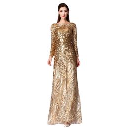 Long sleeves women's formal prom evening dress sequined gold long party dress Ceremony Dress mother's formal dress