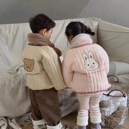 Coat Double Side Wear Children Coats with Scarf Winter Baby Clothes Cartoon Bunny Bear Thickened Cardigan Jacket Korea Kids Outerwear 231110