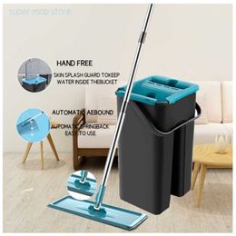 Mops Squeeze mop with bucket 360 rotation hand wash flat cleaning mop ultrafine fiber pad wet dry household cleaning tool 230412