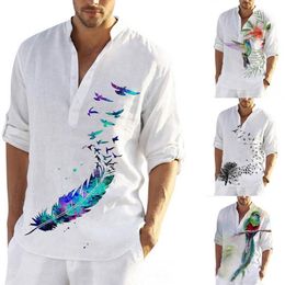Mens Casual Shirts Plus Size Mens Long Sleeve Casual Shirts Male Fashion Top Pullovers Sexy Men clothing Summer Feather Birds Print Blouse 230413
