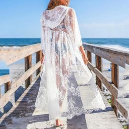 Women's Swimwear Sexy Embroidered Lace Beach Dress Hooded Long Kaftan Wear White Kimono Transparent Bathing Suit Women Swimsuit Cover Up