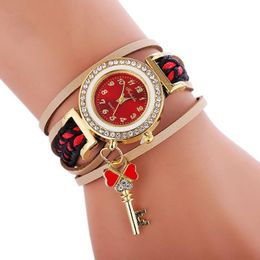 Wristwatches Wholesale Woman Fashion Colourful Wrap Chain Bracelet Watch Big Key Pendant Leather Lady Casual Dress WatchesWristwatches