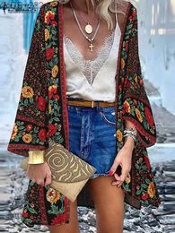 Women's Blouses Shirts ZANZEA Bohemian Women Beach Cardigan Summer Floral Printed Blouse Kimono Vintage Open Front Long Sleeve Tunic Tops Holiday Shirt YQ231114