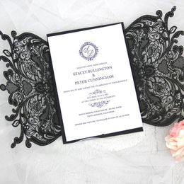 Greeting Cards Print Custom Elegant Lace Laser Cut Wedding Invitation Card Engagement Birthday Baptism Invitations With Ribbon And Diamond