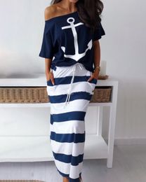 Two Piece Dress Sets Outifits Summer Fashion Boat Anchor Print Round Neck Short Sleeve TShirt Striped Drawstring Skirt Set 230412