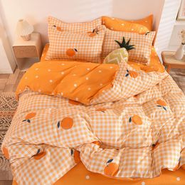 Bedding sets Orange Bedding Set Girls Boys Bed Linen Sheet Plaid Duvet Cover No Filling 240x220 Single Double Queen King Bedclothes 230412