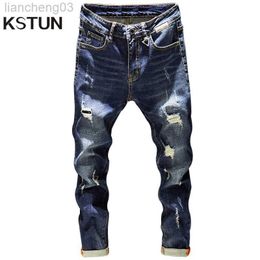 Men's Jeans Mens Ripped Jeans Slim Fit Dark Blue Spring Autumn Destroyed Torn Stylish Moto Biker Jeans Denim Pants Men Hip Hop Streetwear W0413