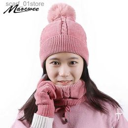 Hats Scarves Sets Woman Winter Scarf Hat And Touch Screen Gs Sets Knitted Warm Fur Pom Poms Ski Plus Velvet Hat Pompoms Cs Skullies BeaniesL231113