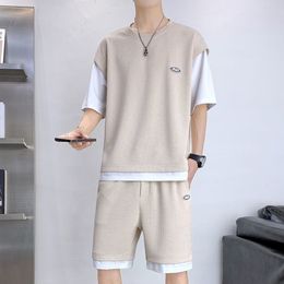 Men's Tracksuits Summer Clothes Men Fake 2 Piece Set Fashion Clothing Casual Tshirt and Shorts Set Men Sports Wear Gym Clothes Athletic Training 230413