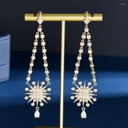 Dangle Earrings Fashion Sparkling Star Shape White Gold Color CZ Zirconia Stones Big Long Drop For Women Bridal Party E-1099