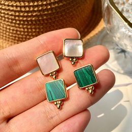 Stud Earrings High Quality Fashion Square White Shell Original Malachite Studs For Women Jewellery Brand