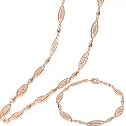 Necklace Earrings Set 1 6mm Women Chain 585 Rose Gold Colour Plant Oval Bead Bracelet Jewellery