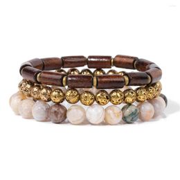 Strand Tibetan Buddhist Cylinder Column Wood Bracelet Crazy Agates Gold Colour Lava Volcanic Rock Beads Set For Men Jewellery