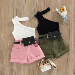 Clothing Sets Infant Kids Bbay Girl Tanks Vest Tops Shorts Waist Bag Pockets Decoration Casual Style Summer Clothing 6M4T 230412