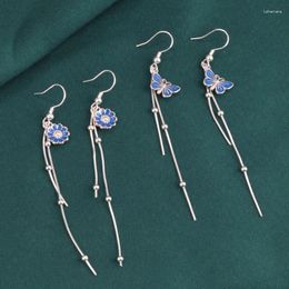 Dangle Earrings 925 Sterling Silver Blue Butterfly Sunflower For Women Ethnic Enamel Long Tassel Jewellery EH140