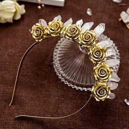 Hair Clips Natural White Crystal Tiara Golden Colour Flowers Crown For Women Headwear Wizard Accessories Fashion Jewellery Party Headband