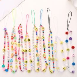 Polymer Clay Smile Charm Chain Anti-Lost Wrist Straps Handmade Bracelets DIY Cell Phone Case Lanyard Keychain Beaded Colorful Hanging Cord Universal