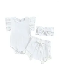 Clothing Sets Born Baby Girl Outfit Solid Colour Ribbed Ruffle Romper Tops Bow Short Summer Bodysuit Jumper Headband 3pcs Set