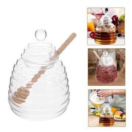 Dinnerware Sets Glass Honey Jar Bottles Lids Clear Syrup Dispenser Stirrer Storage Transparent Home