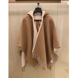 High version hooded double-sided plaid cashmere cape shawl with wool scarf for women's high-end feeling thickened warm jacket