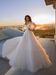 Classical Long Wedding Dresses Off the Shoulder Tulle Full Sleeves A Line Sweep Train Bridal Gowns for Women
