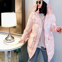 Women's Trench Coats Winter Women Loose Mid Length Thick Warm Cotton Padded Coat Pink Hooded Long Sleeve Big Pocket Parkas Jacket Female