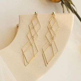 Backs Earrings Korean Gold Colour Statement Geometric Clip On No Piercing Long Rhombus Big Hollow Sqaure Ear For Women
