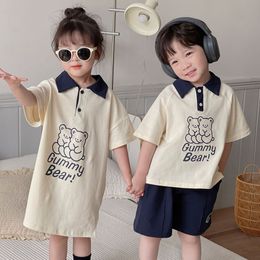 Clothing Sets Brother Sister Costumes Boys Fashion Pullover Turndown Collar Tops Solid Shorts Girls Cartoon Cute Dress Bear Dresses 230412