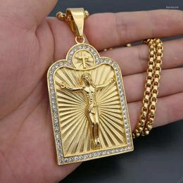 Pendant Necklaces 2023 Trendy Religion Cross Necklace Titanium Steel Gold-Plated Rhinestones Jesus Punk Hip-Hop Jewellery