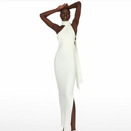 Sexy White Open Back Women Evening Formal Dress 2024 High Neck Pearls Satin Slit Sheath Prom Party Gowns Robe De Soiree