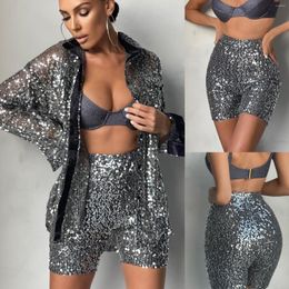 Women's Tracksuits Y2K Shiny Sequin Shorts Suit INS Style Women Polo Collar Shirt Hip Wrap Pants Night Club Rave Girls Sexy Sheer Blouse