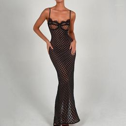 Ethnic Clothing Black Sexy Sling Tight Long Dress Open Back Slit Polka Dot Maxi African Dresses For Women Robe 2023 Summer Nightclub