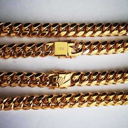 Anhänger Halsketten 14mm Edelstahl Miami Curb Kubanische Kette Halskette Jungen Männer Goldfarbe Hip Hop Dragon Lock Verschluss Link Schmuck 18 K Armband T230413