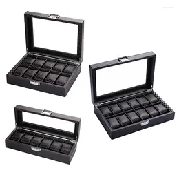 Jewelry Pouches 6/1012 Cell Luxury Watch Box Carbon Fiber Leather Display Case Organizer With Glass Cover Storage