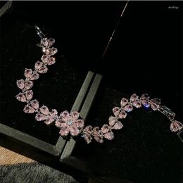 Charm Bracelets Sweet Girl Hand Ornament Flower Pink Zircon Gemstones Bracelet Chain Ladies Fashion Elegant Accessories For Clothing Match