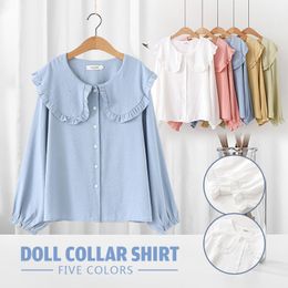 Women's Blouses Shirts Spring Women Fashion Peter Pan Collar Shirts Lolita Chic Sweet Ruffle Blouse Girl Long Sleeve Cotton Tops 230414