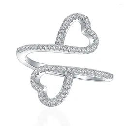 Cluster Rings LOKWAN 925 Sterling Silver Double Love Heart-Shaped Zirconia Women's Hundred Match Fashion Simple Sweet Exquisite Jewellery