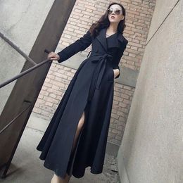 Women's Trench Coats Long Over Knee Windbreaker Women Coat Spring And Autumn Fashion Slim Lace Up Classic Black Clothing